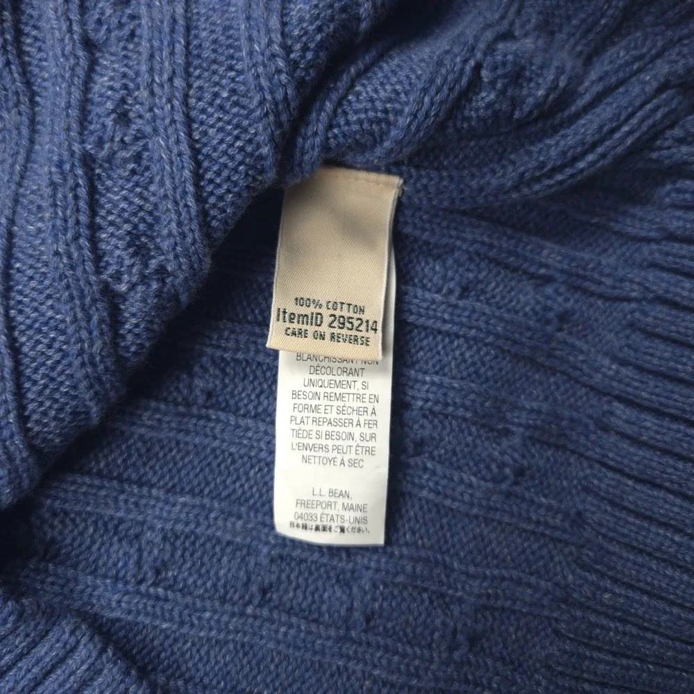 L.L.Bean Double L Sweater Women L Cotton Cable Knit Shawl Collar Blue NWT
